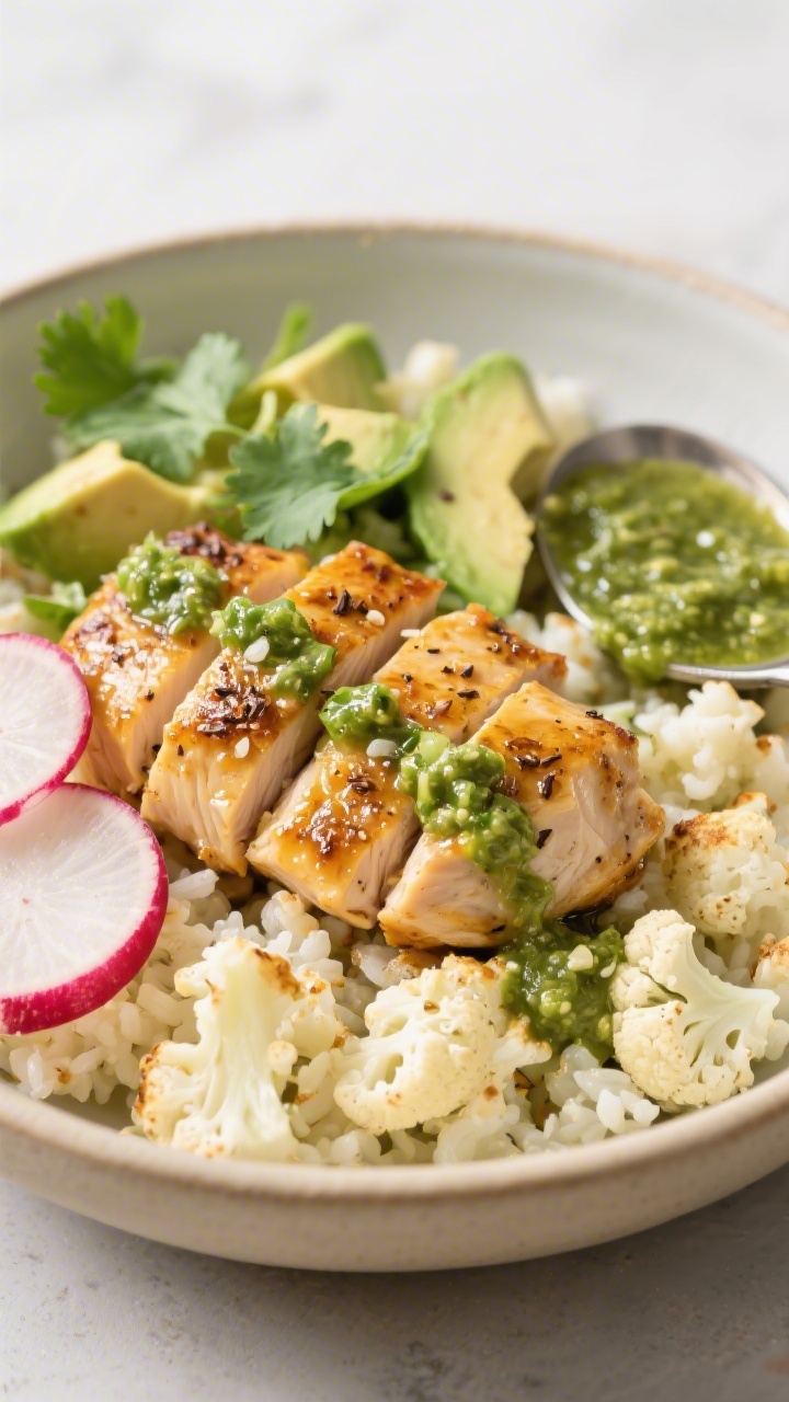 Straight-on close-up of a Low-Carb cauliflower crunch bowl: golden seared chicken tenderloins coated in cumin, garlic powder, and kosher salt, glazed with glossy salsa verde; nestled over riced cauliflower sautéed to a slight toasty edge for crunch; topped with sliced radishes, diced avocado, fresh cilantro, and extra spooned salsa verde pooling slightly; bright, tangy green tones contrasted with warm neutrals; shallow depth of field to emphasize textures, minimal props, modern healthy aesthetic.