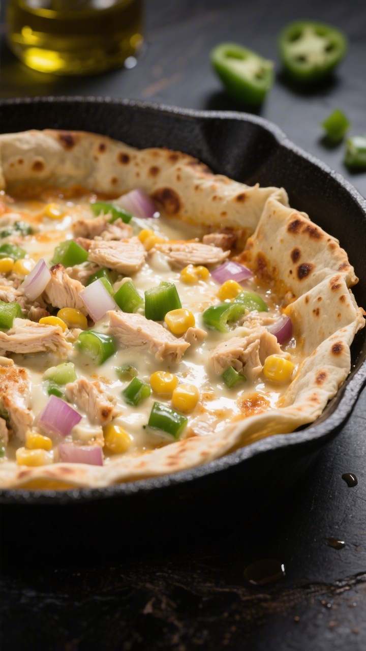 Straight-on close-up of a stovetop tortilla-crust skillet pot pie: lightly blistered flour tortillas forming crisp, layered edges in a black skillet, filled with a Southwest-leaning creamy mixture of chopped chicken, diced onion, green bell pepper, and sweet corn bound by a silky broth-and-flour sauce with a hint of sour cream; cheese-like gloss on the surface, charred tortilla bubbles catching light, set on a dark matte surface with a drizzle of olive oil in the background and scattered green pepper dice for texture.