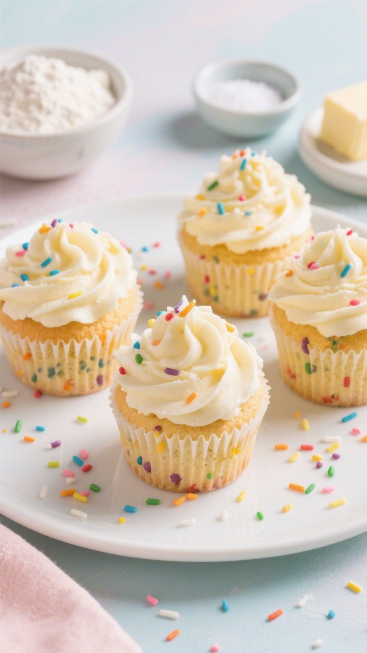 Straight-on close-up of Confetti Birthday Vanilla Cupcakes with Fluffy Vanilla Frosting: moist vanilla cupcakes studded with colorful confetti sprinkles throughout the crumb, topped with billowy vanilla frosting and extra rainbow sprinkles scattered on the plate. Include a subtle prop set: small bowls of all-purpose flour, baking powder, baking soda, fine sea salt, unsalted butter, and granulated sugar to hint at ingredients. Vibrant, celebratory mood with a pastel backdrop, crisp focus on frosting swirls and sprinkle detail.