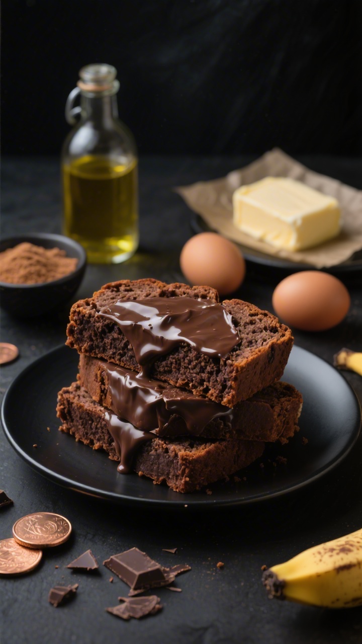 Straight-on, dramatic close-up of double chocolate moist banana bread slices stacked on a matte black plate: ultra-fudgy interior, glossy melted chocolate pockets, rich cocoa hue. In the background, include a bottle of neutral oil (canola/grapeseed), small bowls of granulated and light brown sugar, two room-temp eggs, and a pat of butter on parchment to hint at richness. Dark, moody lighting with a soft highlight on the crumb; a few banana coins and chocolate shards scattered for context. No people, just decadent dessert-first vibes.
