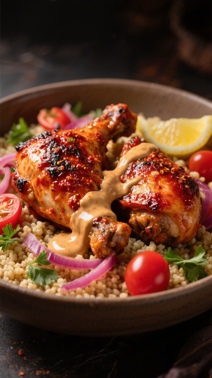 Straight-on dramatic shot of a Spicy Harissa Greek Chicken Bowl: glossy, charred chicken thighs coated in harissa paste, olive oil, lemon juice, a touch of honey, garlic powder, and kosher salt; nestled over a bed of couscous with pickled red onions, parsley, and cherry tomatoes; finished with a silky lemon-tahini drizzle cascading over the chicken; bold reds and golds, moody backdrop, directional light highlighting the harissa sheen.