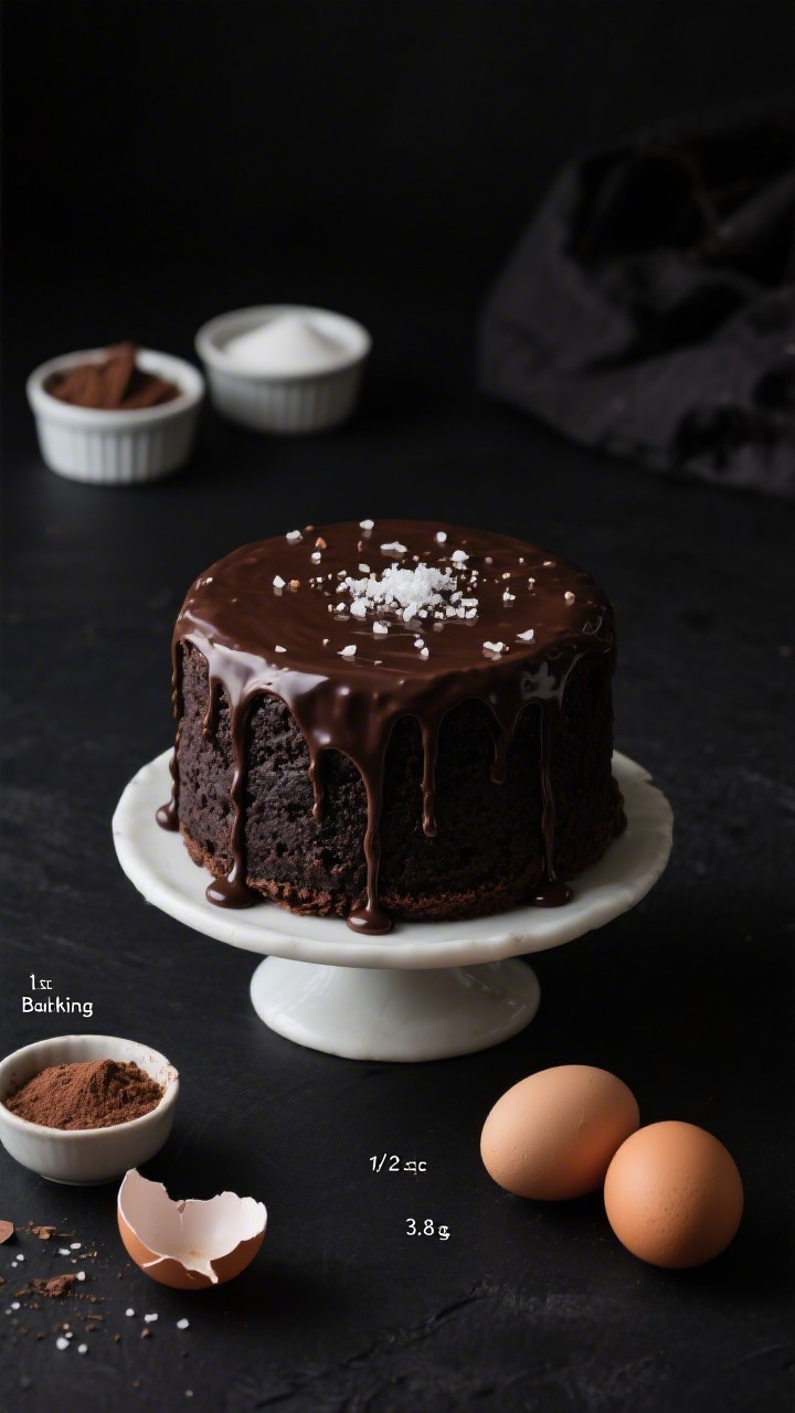 Straight-on hero shot of a dark, ultra-moist midnight fudge cake on a pedestal, finished with a glossy Dutch-process cocoa ganache drip cascading over the edges. Sprinkle of fine sea salt crystals glinting on top. In soft focus behind: ramekins with Dutch-process cocoa, granulated sugar, a cracked egg shell beside two large eggs, and tiny bowls labeled 1 tsp baking soda and 1/2 tsp baking powder, 3/4 tsp fine sea salt. Moody, low-key lighting to emphasize the deep chocolate tones, clean black background for drama.