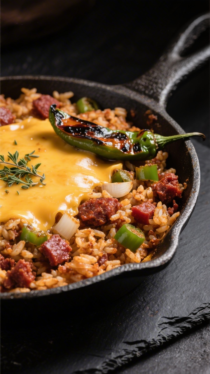Straight-on hero shot of cheesy chorizo taco rice with crispy edges in an enamel skillet: crumbled fresh Mexican chorizo with finely diced onion, poblano pepper, and minced garlic, rice studded throughout, browned bits clinging to the sides for crunchy edges; melty cheese bubbling on top with a sprinkle of oregano, a few charred poblano strips for visual drama, moody side lighting to accentuate the reds and greens, placed on a dark slate surface.