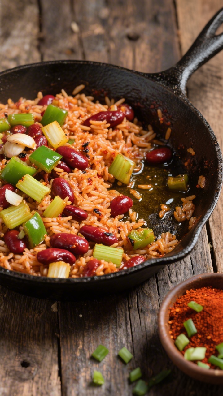 Straight-on, in-pan action shot of a one-pan Cajun red bean and rice skillet: diced green bell pepper, celery, and yellow onion (the trinity) sautéing with minced garlic in olive oil, then mingling with long-grain rice and canned red beans. The rice is tinted brick-red from Cajun spices and smoked paprika, with glossy grains and visible charred edges of peppers for “andouille vibes” without sausage. Serve in a cast-iron skillet on a rustic wood table, with a small bowl of Cajun seasoning and chopped scallions on the side; bold, spicy atmosphere.