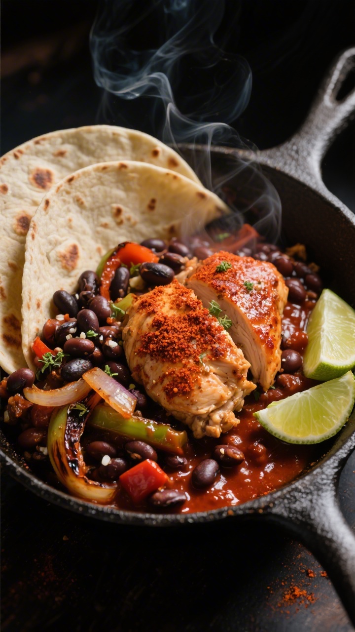 Straight-on one-pan scene of Adobo Chicken Burrito Bowl With Smoky Beans: bone-in-looking but boneless skinless chicken thighs rubbed with chili powder, ground cumin, smoked paprika, dried oregano, kosher salt, and black pepper nestled in a cast-iron skillet with smoky pinto/black beans and charred onions and peppers; glossy, brick-red adobo hue, bubbling bean sauce, slight steam; served with warm tortillas and lime wedges to the side, dark moody lighting accentuating the paprika smoke and skillet sizzle.