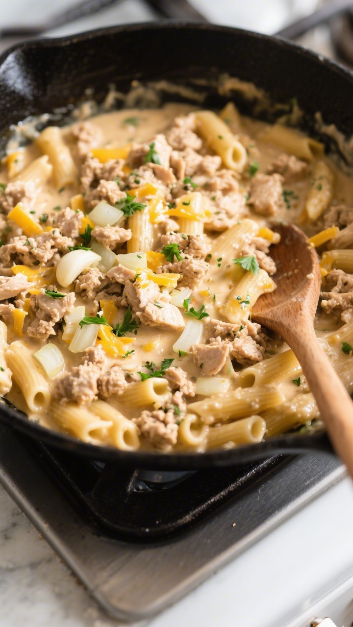 Straight-on, one-skillet weeknight scene: A black skillet filled with shortcut creamy garlic chicken pasta—ground chicken crumbles browned with finely chopped yellow onion, five-clove punch of minced garlic, Italian seasoning, kosher salt, simmered with pasta cooked directly in the sauce for a cozy, homestyle look; short pasta shapes peeking through the creamy sauce, slight cheese melt and parsley sprinkle for color; simple weeknight vibe on a stovetop with a wooden spoon resting on the pan’s edge, clean, bright kitchen light.