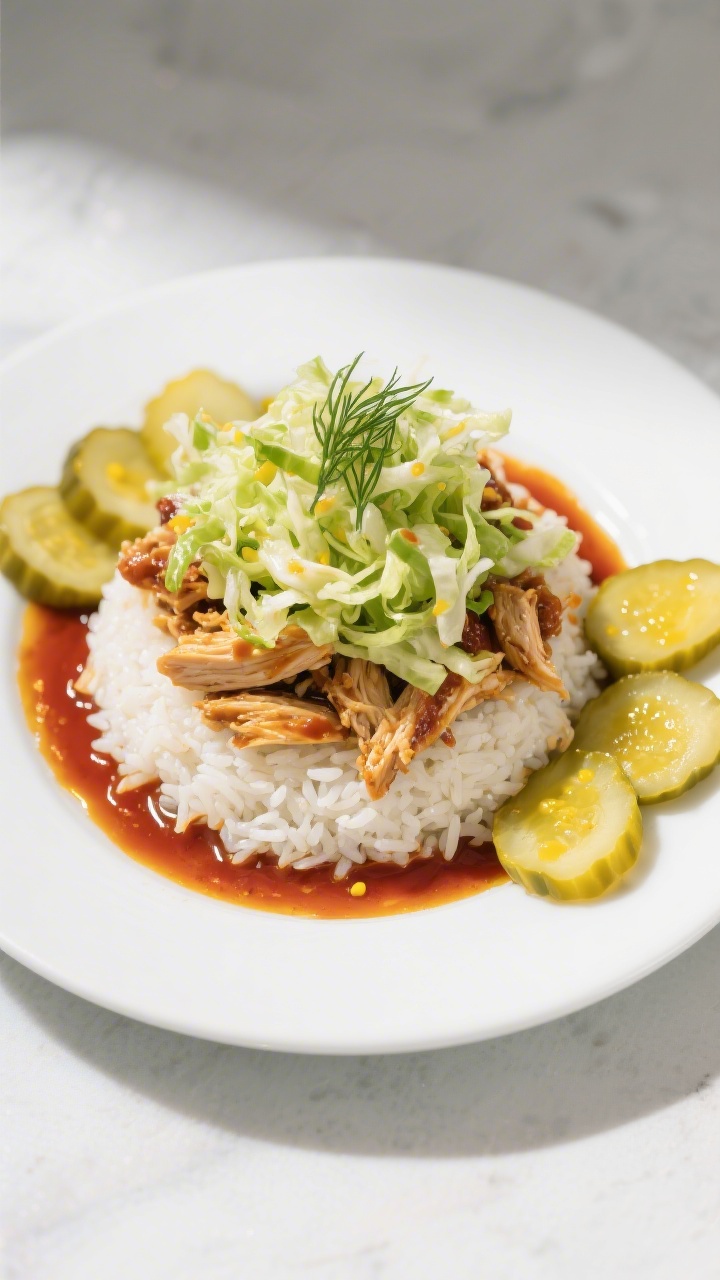 Straight-on plated Carolina Tang Slaw Bowl with Pickle Crunch: mound of white rice topped with shredded chicken tossed in a tangy blend of BBQ sauce, yellow mustard, and a hint of apple cider vinegar, crowned with a heaping pile of crunchy green cabbage slaw; sliced dill pickles scattered for briny crunch, a little extra mustard-BBQ drizzle on the rim; bright, zesty color palette (greens, yellows, amber reds), clean modern plate on a light surface, snappy lighting to emphasize crisp slaw texture and glossy sauce