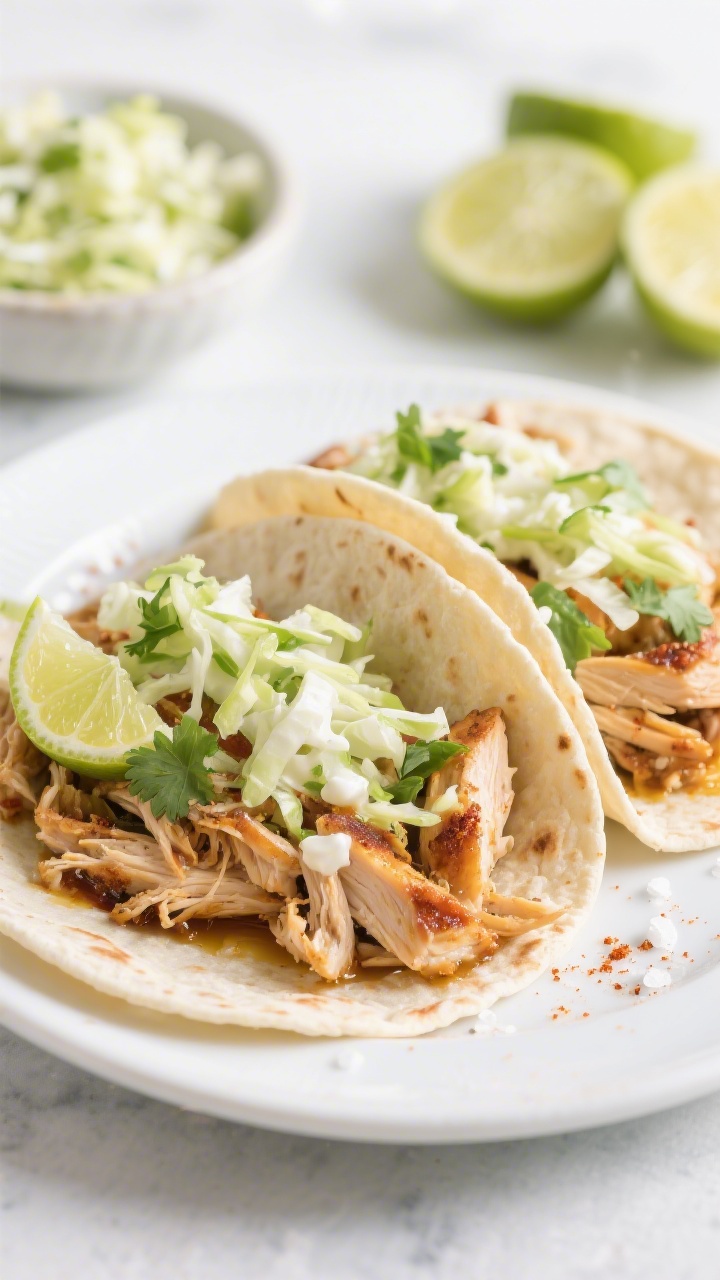 Straight-on plated close-up of 15-minute rotisserie chicken tacos: shredded rotisserie chicken quickly sautéed in olive oil with ground cumin, chili powder, and a touch of smoked paprika, tucked into soft tortillas and topped generously with creamy cilantro-lime slaw (pale green, flecks of cilantro), a squeeze of lime glistening on the surface; sprinkle of kosher salt crystals visible; background includes a small bowl of extra slaw and lime halves; bright, clean, weekday-quick vibe.