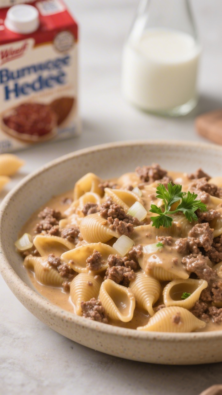 Straight-on plated close-up of Creamy Hamburger Helper-Style Stroganoff: small pasta shells in a thick, velvety beef-and-cream sauce, crumbles of ground beef throughout, tiny bits of minced onion and garlic visible; sauced noodles gleaming from beef broth and milk reduction with a hint of Worcestershire depth; served in a shallow beige stoneware bowl with a subtle parsley garnish; background props include a carton of beef broth and a glass bottle of milk softly out of focus; modern, fast-weeknight vibe, soft diffused light.