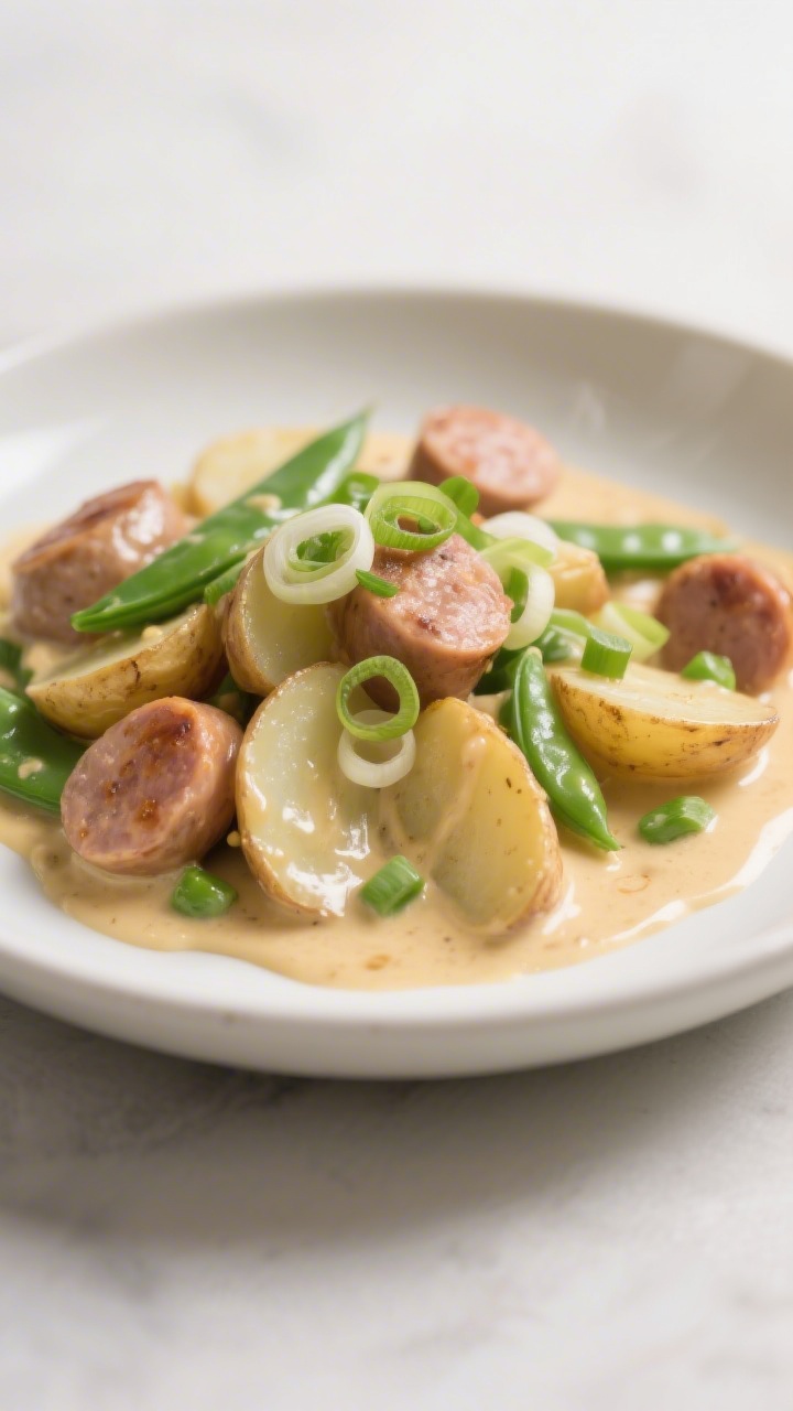Straight-on plated presentation of a creamy Dijon sausage and potato skillet: thin 1/4-inch slices of baby/fingerling potatoes coated in a glossy Dijon cream, rounds of chicken or pork sausage nestled throughout, pops of green from sweet peas, and delicate rings of scallions (whites integrated, greens sprinkled on top) for freshness; served in a shallow off-white bowl with a subtle swirl of sauce visible, clean minimal backdrop, soft diffused light highlighting the silky texture and gentle steam.