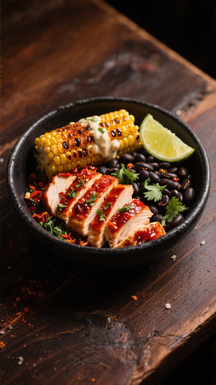 Straight-on plated presentation of a Smoky Chipotle Chicken Bowl: thinly sliced chicken breasts lacquered in minced chipotle peppers in adobo with a touch of adobo sauce, smoked paprika, oregano, cumin, and kosher salt, arranged beside Mexican street corn (charred kernels with a creamy coating and a dusting of chili), and black beans. Serve in a rustic black bowl with lime wedges and a sprinkle of cilantro. Dark wood table, warm directional light emphasizing smoky reds and golden char, bold and hearty vibe, no people.