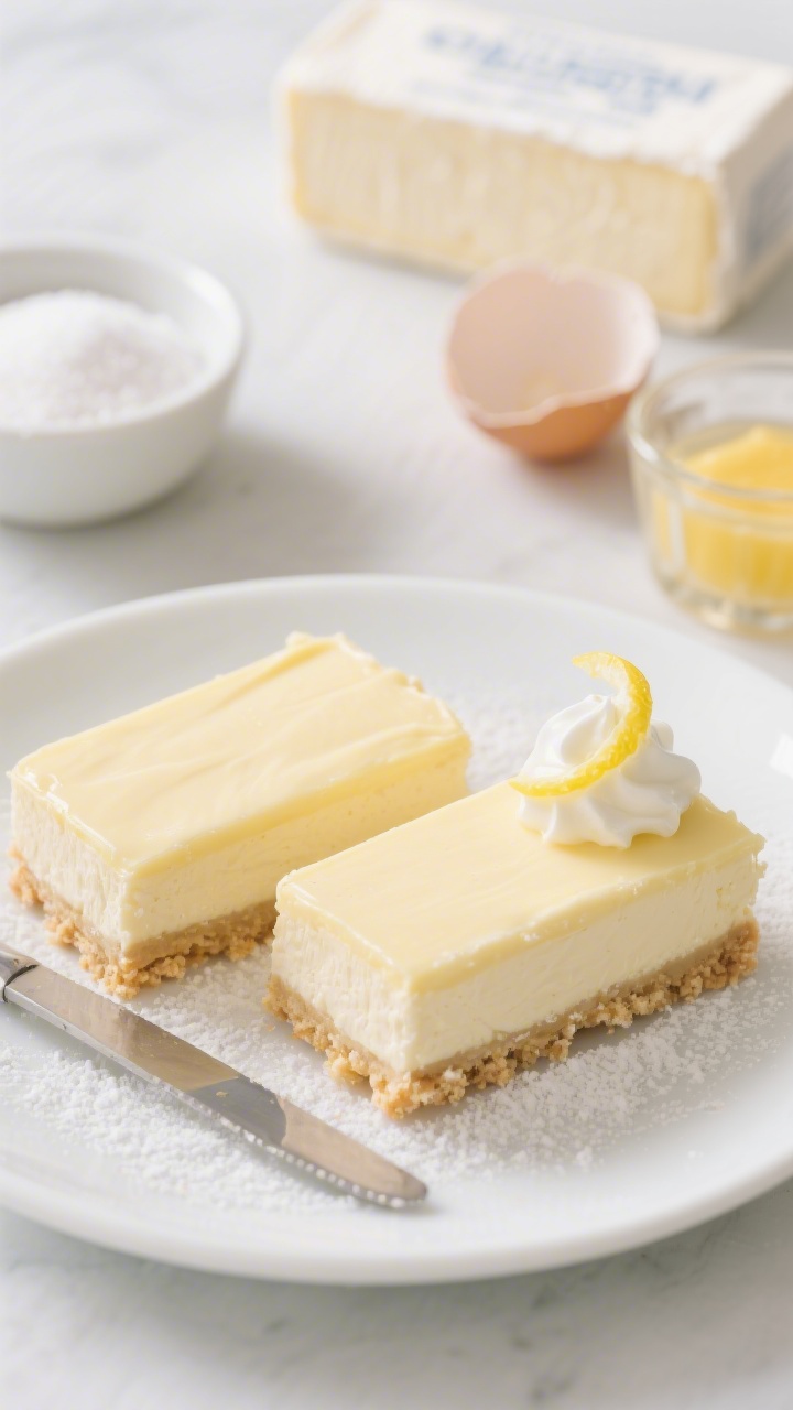 Straight-on plated presentation of Creamy Lemon Cheesecake Bars With Shortbread Crust: thick, creamy cheesecake-lemon filling with a smooth, pale-yellow hue atop a compact shortbread base, clean knife lines, and a whisper of powdered sugar. Plate two bars slightly overlapped on a white ceramic plate with a thin lemon twist and a dollop of whipped cream. In the background, softly blurred ingredient cues: a brick of cream cheese, a small bowl of granulated sugar, a dish of all-purpose flour, melted unsalted butter in a glass, and cracked eggs. Cool, bright light highlighting silky texture, minimal props, no people.