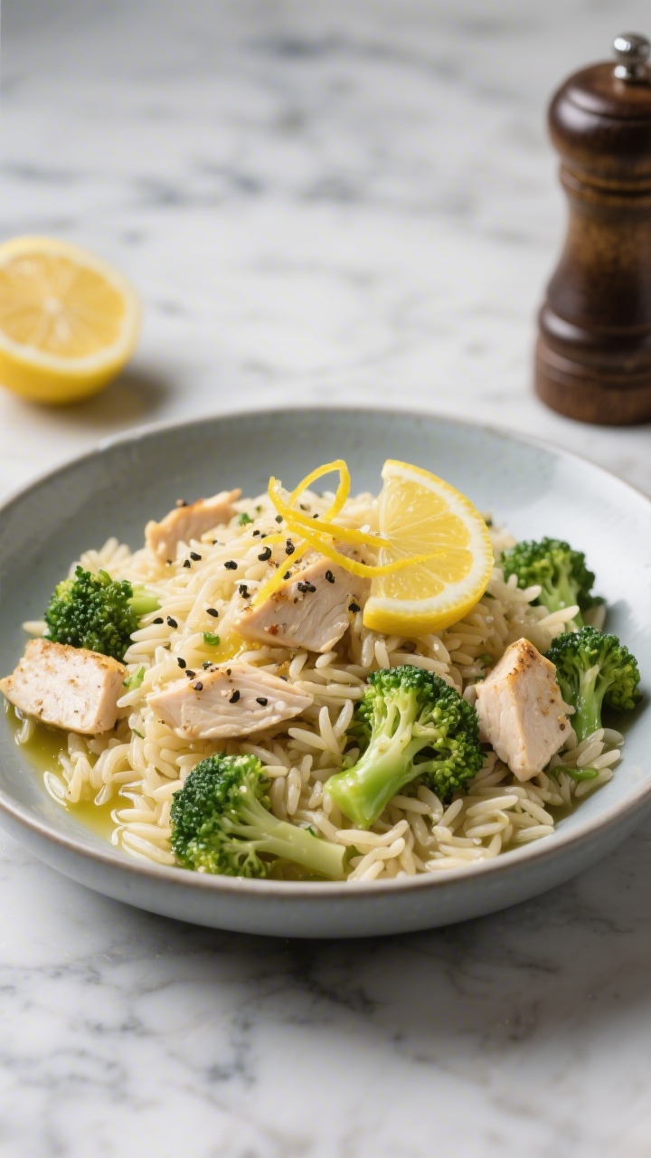 Straight-on plated presentation of lemon-pepper orzo with chicken and broccoli: a mound of tender orzo glistening with olive oil, dotted with diced chicken breast seasoned with kosher salt, coarse freshly cracked black pepper, and garlic powder; vibrant green broccoli florets folded through; bright lemon slices and zest threads on top, a light drizzle of olive oil catching the light. Served in a modern wide-rimmed bowl on a cool marble surface with a pepper mill and halved lemon in frame. Clean, fresh, slightly “fancy” bistro vibe.