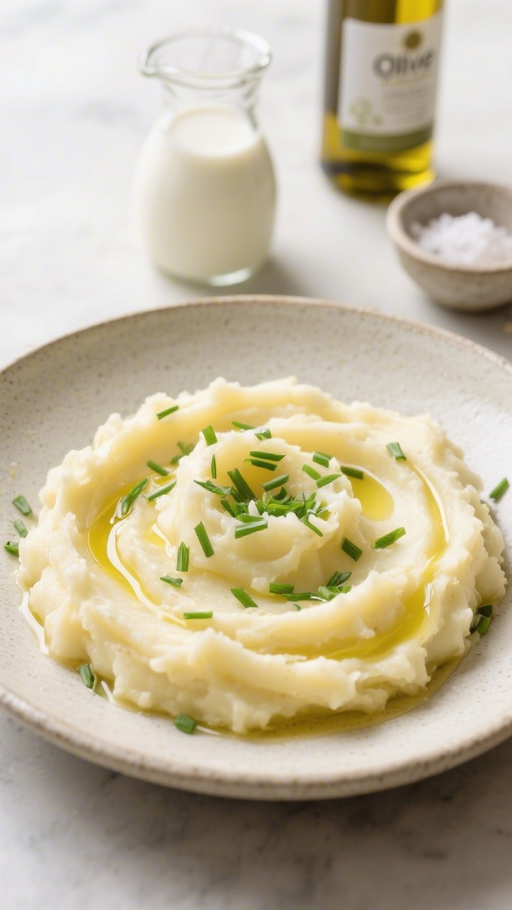 Straight-on plated presentation of Olive Oil and Chive Mashed Potatoes in a shallow stoneware bowl, ribbons of good-quality extra-virgin olive oil glistening on the pale yellow mash, finely snipped fresh chives scattered over; a small carafe of unsweetened oat milk and a bottle of olive oil in the background, kosher salt pinch bowl to the side; airy, light, dairy-optional vibe with clean modern styling and soft natural light emphasizing a fluffy yet lush texture.