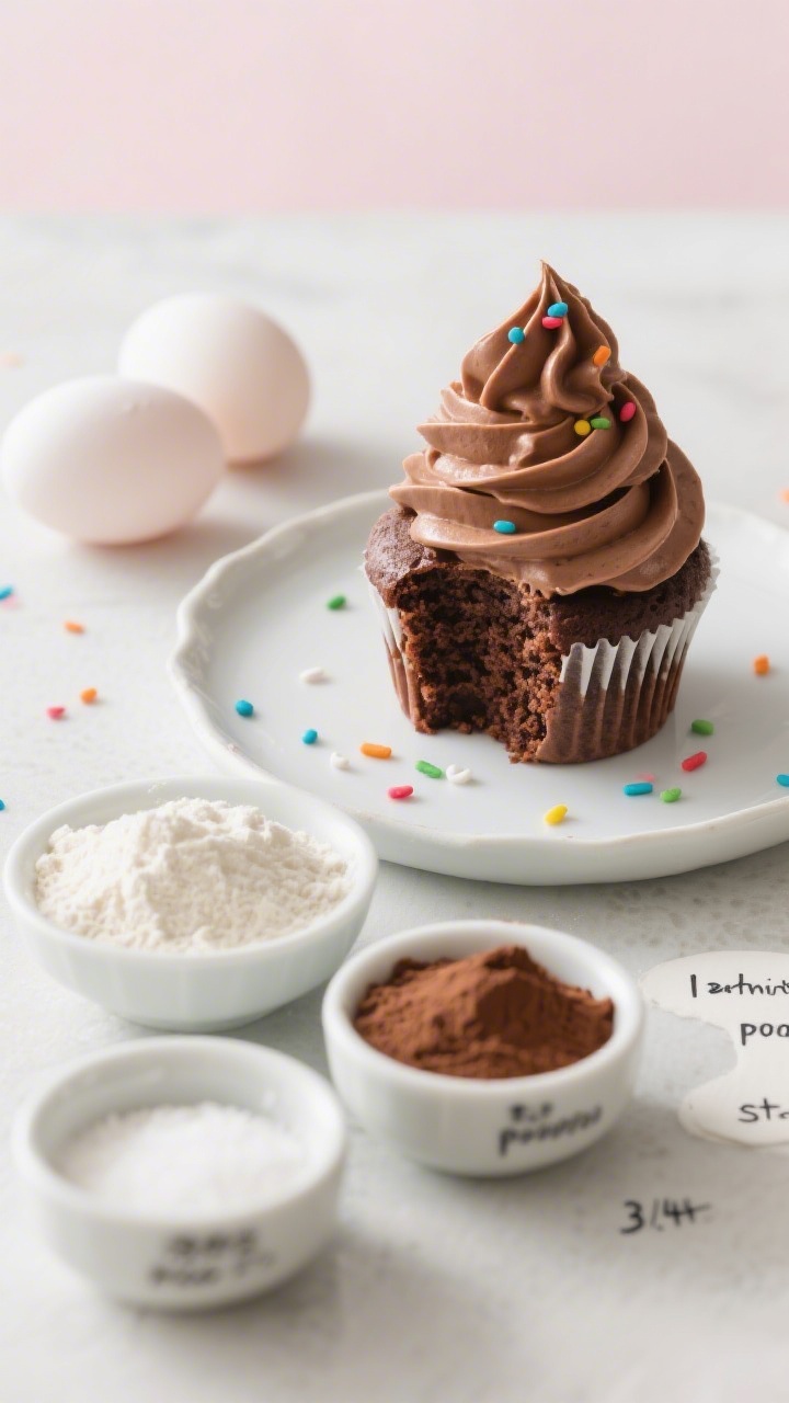 Straight-on plated presentation of one-bowl chocolate birthday cupcakes topped with tall swirls of whipped milk chocolate frosting, a few rainbow sprinkles for festivity. One cupcake cut open to reveal soft crumb. In the foreground: small bowls showing all-purpose flour, granulated sugar, unsweetened cocoa powder, and labeled 1 tsp baking powder, 1 tsp baking soda, 3/4 tsp fine sea salt; two large eggs nearby. Light, celebratory mood with soft pastel backdrop, crisp focus on frosting texture and cupcake crumb.