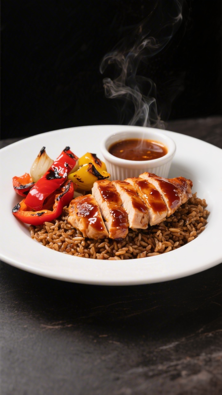 Straight-on plated presentation of Smoky Adobo Chicken Bowl with charred peppers and brown rice: sliced chicken breasts lacquered in a glossy adobo sauce blend with honey and apple cider vinegar, set over nutty brown rice. Charred red and yellow bell peppers and onions tucked alongside, visible smoky blistered edges. A small ramekin of extra adobo sauce in frame, steam subtly rising, moody dark background to highlight deep reds and ambers, clean white plate for contrast.