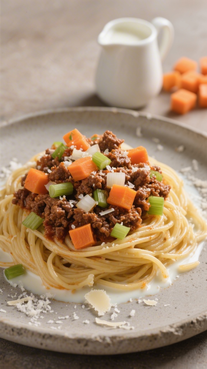 Straight-on plated shot of Budget Bolognese-ish With Carrots And Milk: rustic mound of spaghetti topped with a hearty Bolognese-style sauce featuring ground beef, finely diced onion, carrot, and celery softened in olive oil, enriched with a splash of milk for a silky finish; sauce showcases visible orange carrot cubes and green celery bits among tender beef; a ribbon of sauce pooled around the pasta, light snowfall of grated Parmesan; set on a matte stone plate with a small pitcher of milk and diced mirepoix in the background; warm, inviting tones and sharp detail on the sauce’s chunky texture.