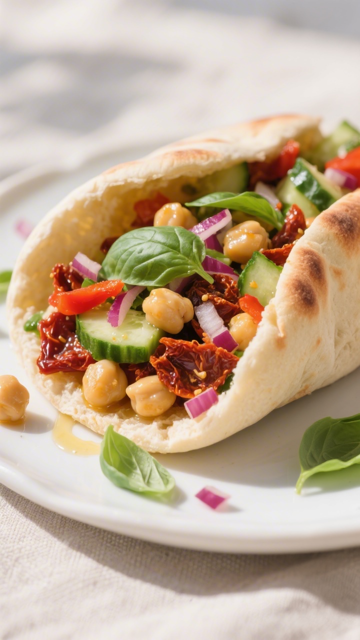 Straight-on plated shot of Sun-Dried Tomato and Basil Chickpea Salad stuffed into warm pita pockets: chickpeas folded with chopped sun-dried tomatoes in oil, diced Persian cucumber, roasted red peppers, finely chopped red onion, and ribbons of fresh basil; pita cut open to showcase the juicy filling, a light gloss from the sun-dried tomato oil, extra basil leaves scattered; neutral linen backdrop, bright Mediterranean vibe, crisp focus on textures.