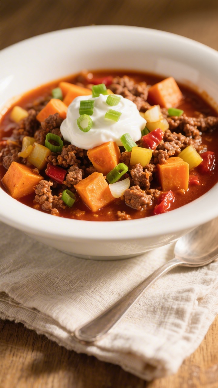 Straight-on plated shot of Sweet Potato Stretch Chili With Ground Beef in a white ceramic bowl: chunky cubes of orange sweet potato, browned ground beef, diced yellow onion, and minced garlic in a rich red-chili base; topped with a dollop of sour cream and a sprinkle of chopped green onion for freshness; spoon resting on a linen napkin, warm golden light to enhance the sweetness of the potatoes and the hearty texture