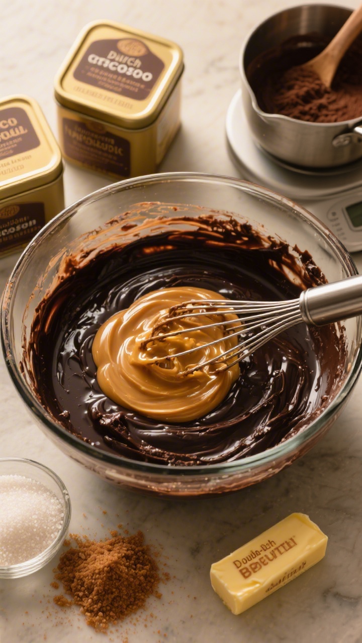 Straight-on process shot: Brown butter being whisked into a deep, cocoa-rich batter for Double-Dutch Cocoa Fudge Brownies in a glass mixing bowl. Show the nutty brown butter pooled on top, marbling into the dark mix from Dutch-process and natural cocoa; granulated sugar and light brown sugar partially dissolved, creating a shiny, thick ribbon off the whisk. Surround with measured ingredients: tins labeled Dutch-process cocoa and natural cocoa, a stick of unsalted butter with browned milk solids in a small saucepan, and a scale nearby. Warm, golden lighting to emphasize the toasty hue of the brown butter against the nearly black batter.