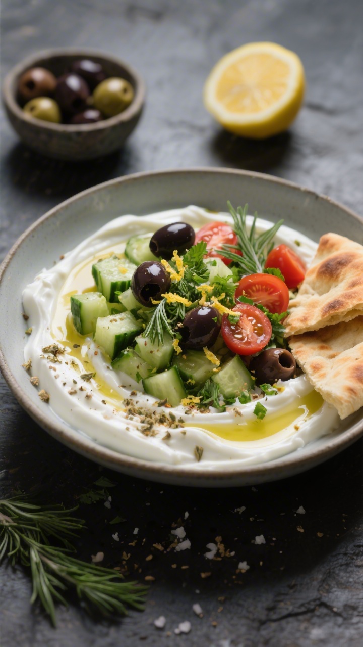 Straight-on, rustic plated scene of “Savory Mediterranean Power Bowl With Cucumber, Olive, And Herb Crunch”: Greek yogurt spread into soft waves on a low, wide plate, topped with diced Persian cucumber, Kalamata olive slices, cherry tomato halves, chopped fresh dill and parsley, lemon zest, and a generous drizzle of extra-virgin olive oil; sprinkled with za’atar and flaky sea salt; served with warm toasted pita wedges at the side; moody natural light, slate background, small bowl of olives and a cut lemon in the back for context; crisp, savory, refreshing vibe.