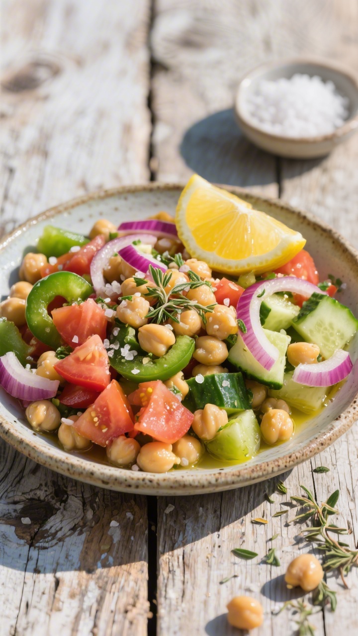 Straight-on rustic presentation of a Greek village-style chickpea salad: chunky chopped ripe tomato, green bell pepper, thinly sliced red onion, chopped English cucumber, and chickpeas piled in a rough ceramic dish, finished with a bold squeeze of lemon and olive oil, coarse sea salt, and dried oregano; set on a weathered wooden table with a lemon wedge and a small bowl of sea salt, bright Mediterranean daylight, crunchy textures and big lemon energy.