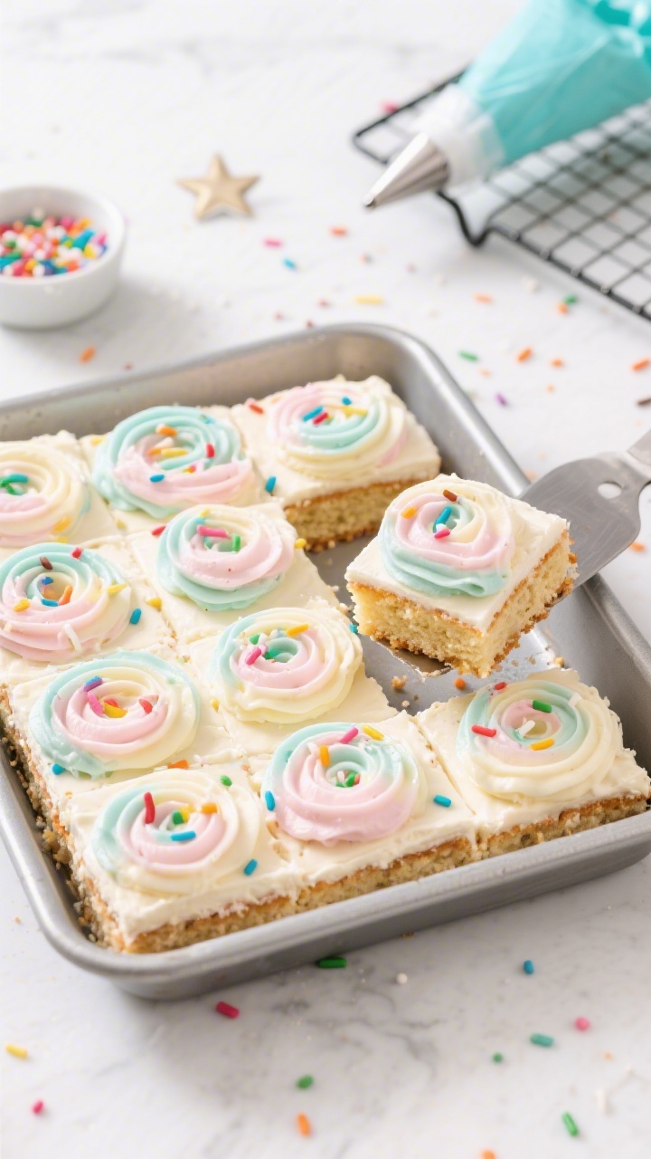Straight-on shot of frosted party pan sugar bars in a rectangular metal baking pan, cut into neat squares. Thick swirls of pastel buttercream frosting topped with rainbow sprinkles, showing a soft, cakey crumb at the cut edges. One square is lifted slightly on a small offset spatula to reveal the tender interior; background includes a small bowl of sprinkles, a piping bag with a star tip, and a cooling rack. Bright, celebratory styling on a white countertop with confetti-like crumbs.