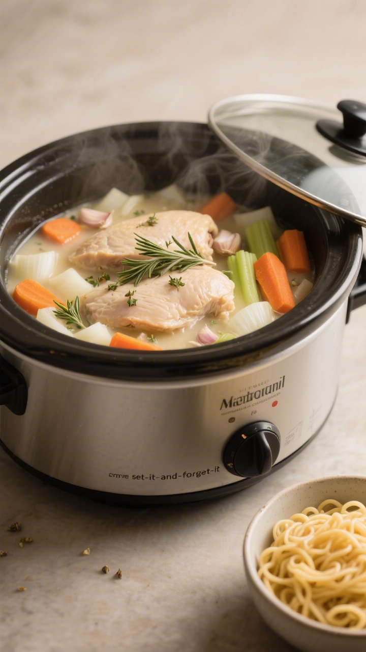 Straight-on slow-cooker scene showing the cooking process: boneless skinless chicken breasts/thighs resting in a creamy broth base with diced onion, sliced carrots, sliced celery, minced garlic, dried thyme and rosemary scattered on top; egg noodles in a nearby bowl ready to add; the slow-cooker lid slightly ajar with visible steam; warm, homey lighting, neutral backdrop, focus on the “set-it-and-forget-it” simplicity and tender, shreddable chicken.