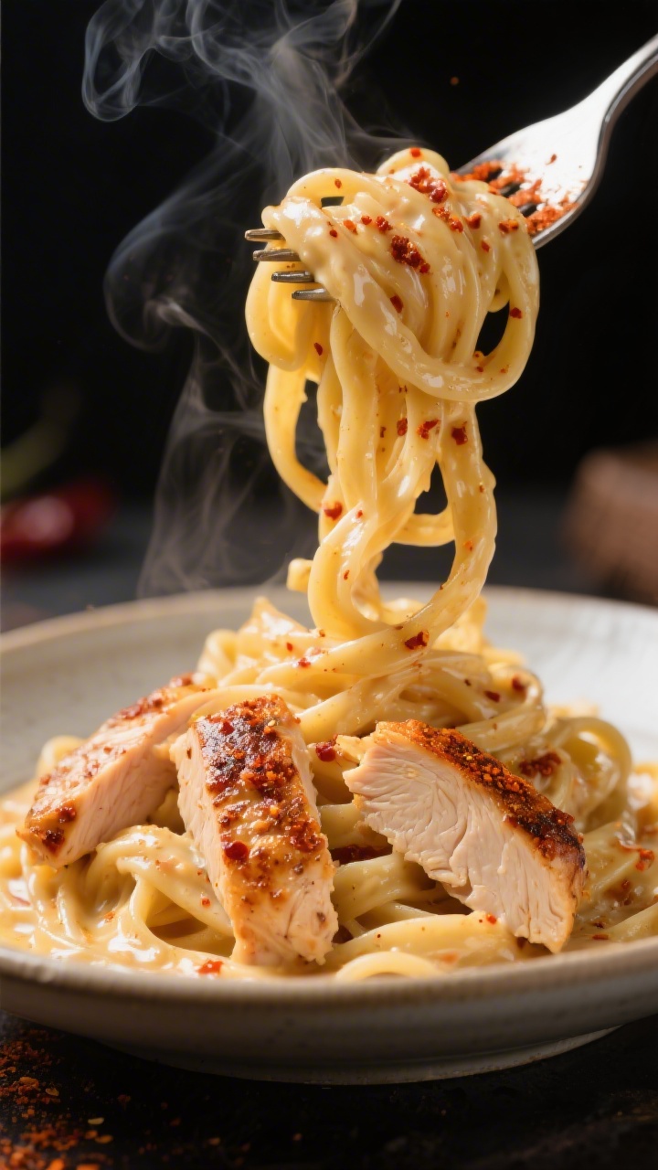 Tight close-up of Cajun chicken Alfredo twirled on a fork above a shallow bowl: silky cream-coated fettuccine with visible specks of bold red-brown Cajun seasoning, juicy slices of chicken (thighs or breasts) with light char from butter and olive oil sear, edges caramelized; glossy, peppery Alfredo with a hint of paprika hue, a sprinkle of extra Cajun spice on the rim of the plate. Background blurred, steam rising, moody dark backdrop to emphasize the spicy kick yet creamy comfort.