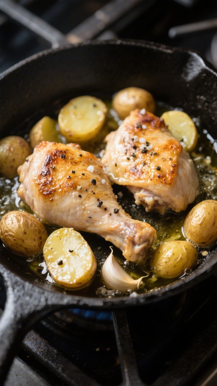 Tight skillet close-up: boneless, skinless chicken thighs seared to a light golden crust in a black cast-iron skillet, nestled with halved small gold potatoes; visible shimmer of divided olive oil, grains of kosher salt and specks of black pepper on the surface; garlicky pan sauce bubbling around the edges; shallow depth of field emphasizing juicy chicken and creamy potato interiors; moody side light, stovetop scene.