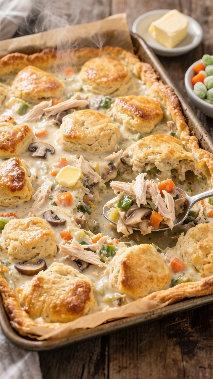 Wide overhead sheet-pan scene of a family-style drop biscuit pot pie bake: irregular, golden drop biscuits scattered across a glossy, creamy filling loaded with shredded chicken, mixed vegetables, and sliced mushrooms, with caramelized edges where butter has pooled; a serving spoon making a well to reveal the chunky interior, steam visible; styled on a parchment-lined sheet pan over a rustic table, with pats of butter and a small bowl of frozen mixed veg off to the side for visual context.