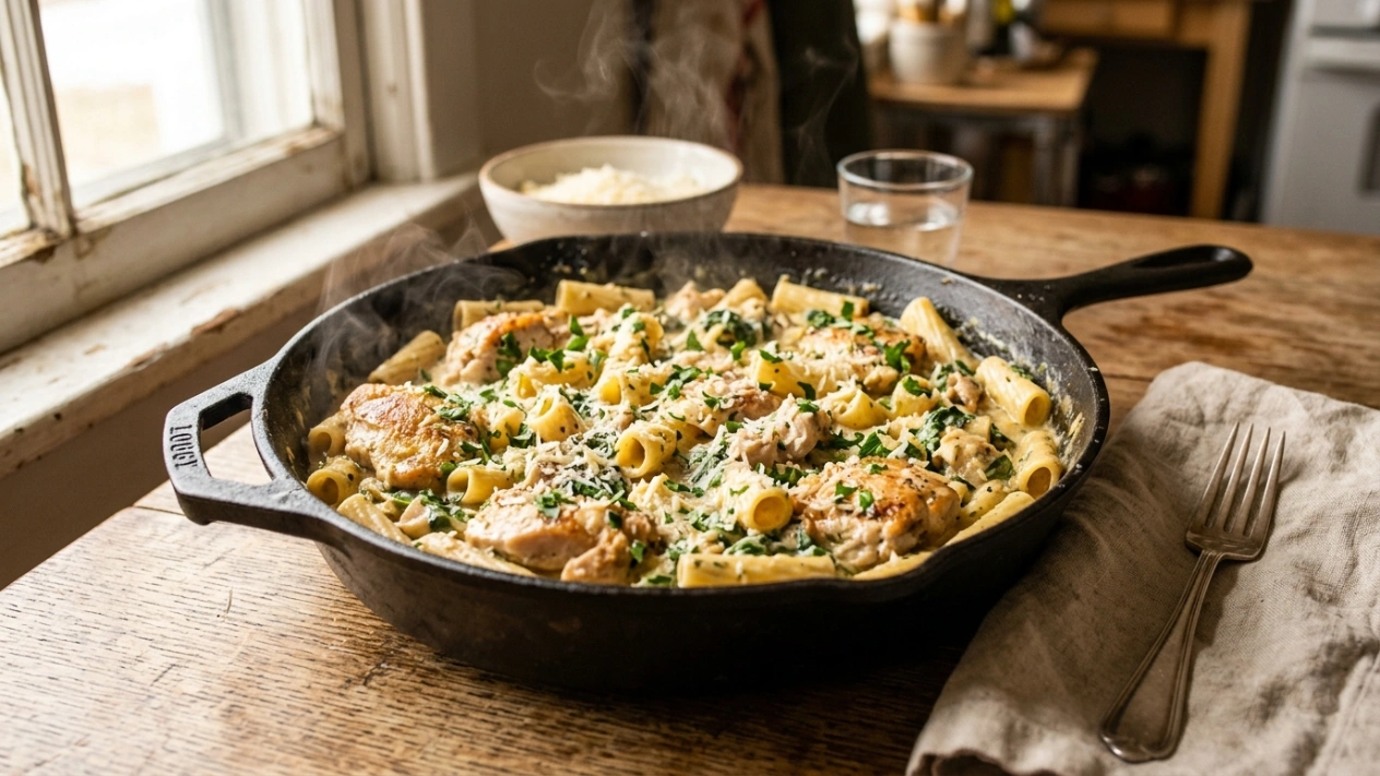 One pot chicken pasta with creamy sauce and tender chicken in a skillet