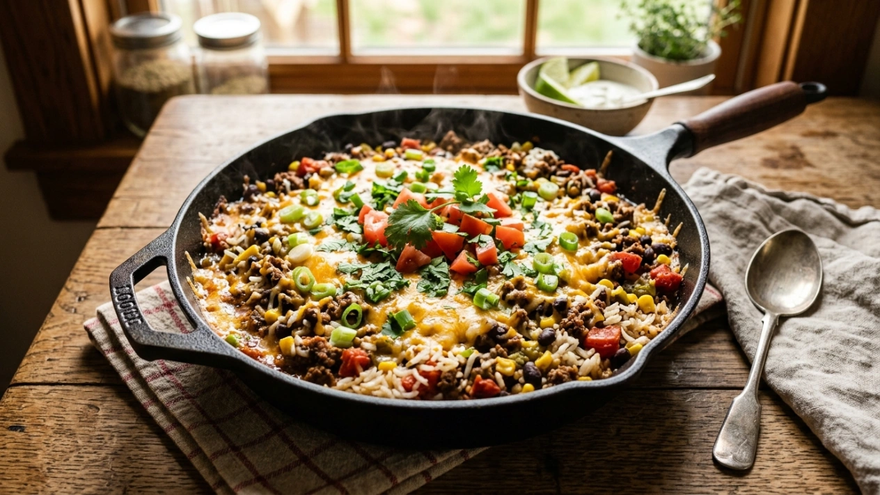 Taco rice skillet with ground beef, rice, cheese, and fresh toppings in a cast iron pan