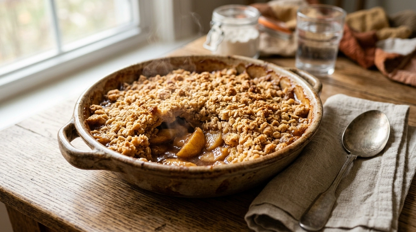 Classic apple crumble with golden topping and soft baked apples in a dish