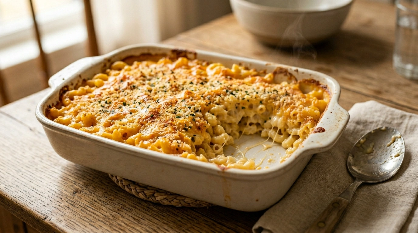 Classic baked mac and cheese with creamy cheese sauce and golden crust in a baking dish