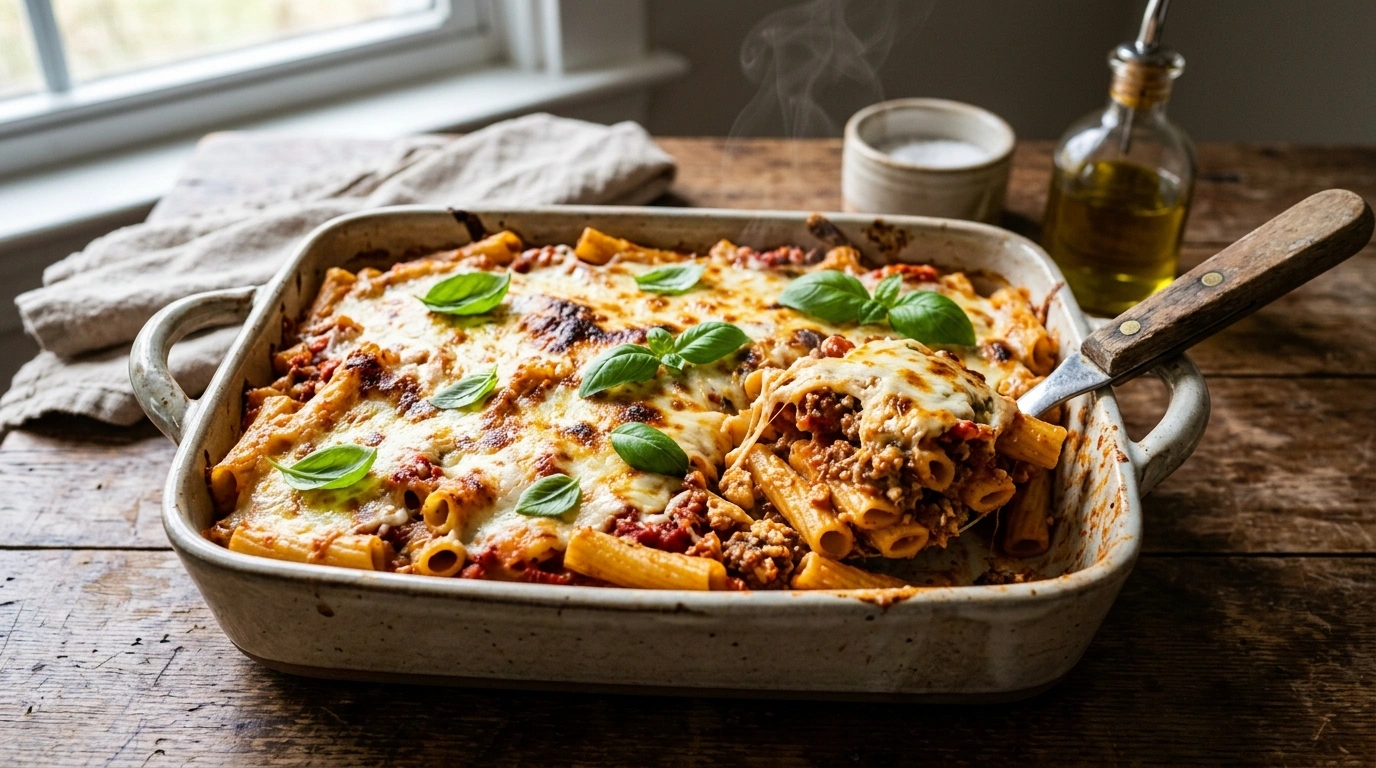Italian baked ziti pasta with tomato sauce and melted cheese in a baking dish