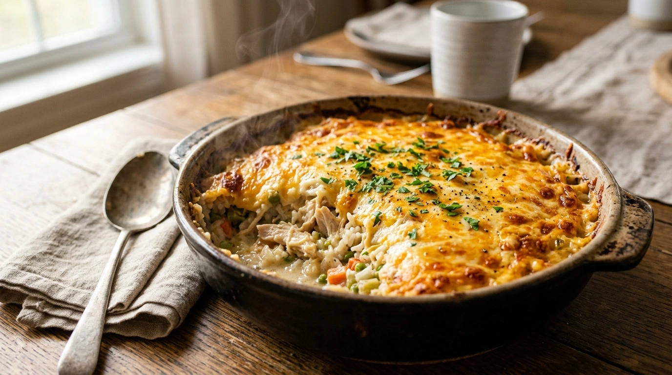 Cheesy chicken rice casserole with melted cheese and creamy texture in a baking dish