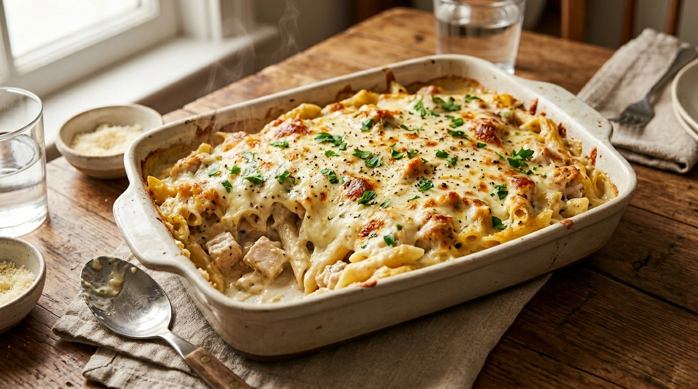Chicken Alfredo pasta bake with creamy sauce and melted cheese in a baking dish