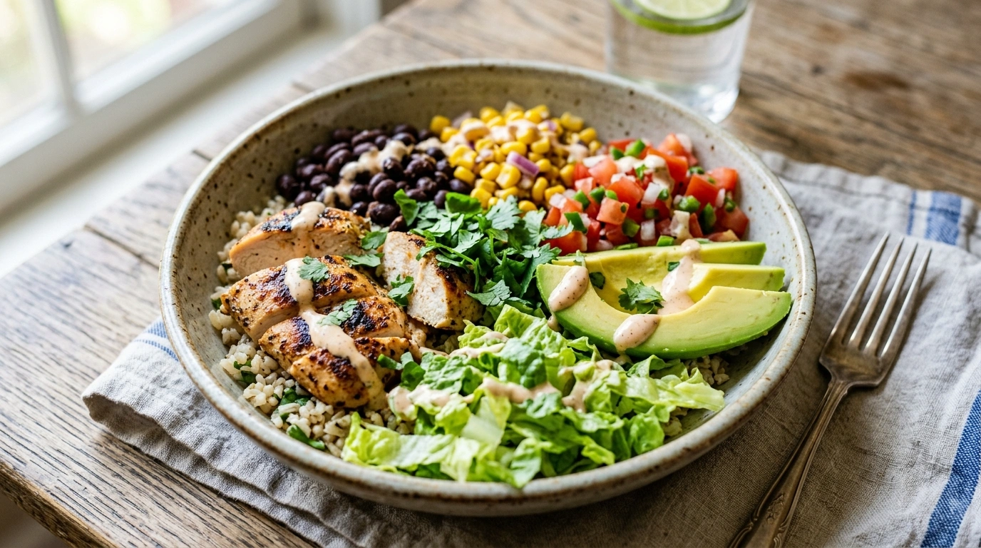 High protein chicken burrito bowl with rice, beans, vegetables, and avocado
