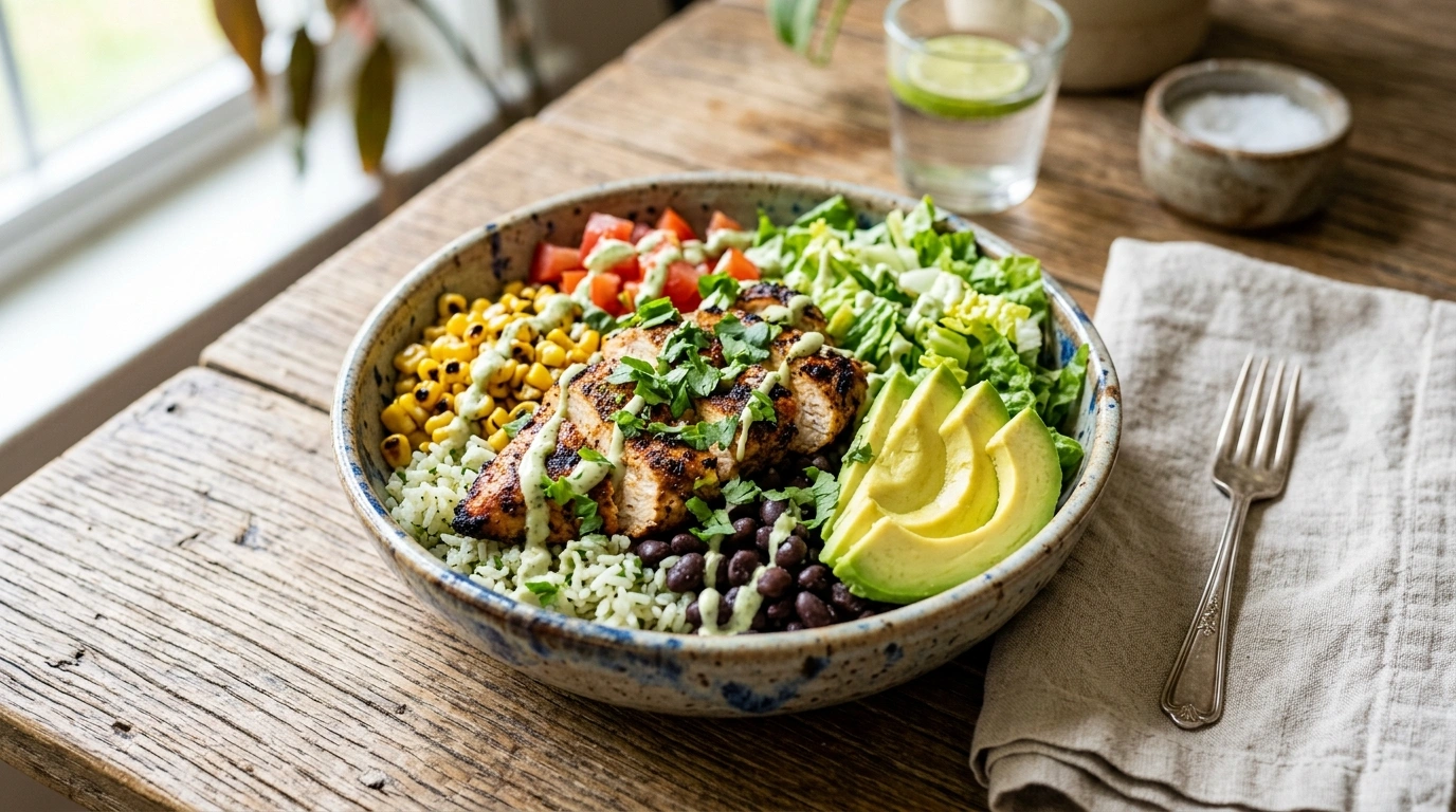 Mexican chicken burrito bowl with rice, beans, vegetables, and avocado