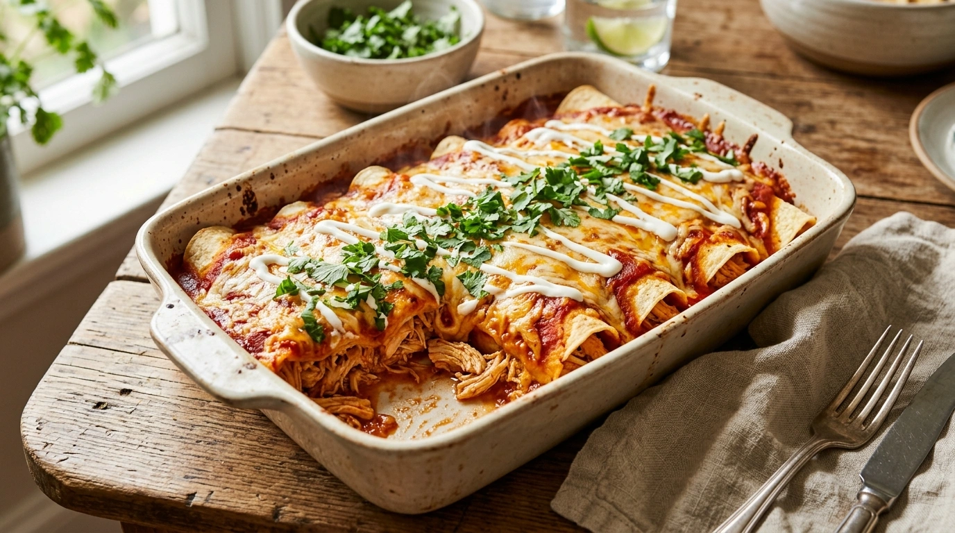 Mexican chicken enchiladas with sauce and melted cheese in a baking dish