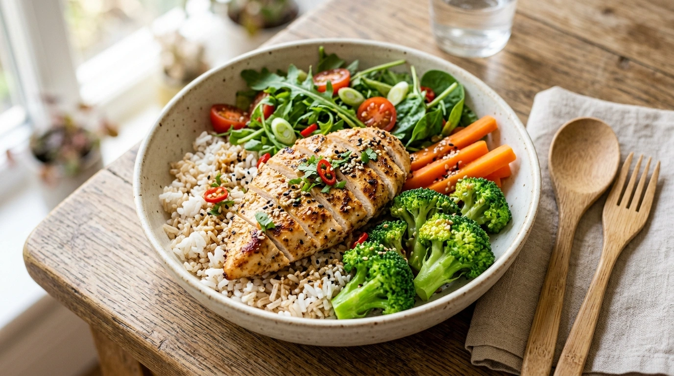 High protein chicken rice bowl with grilled chicken, rice, and vegetables