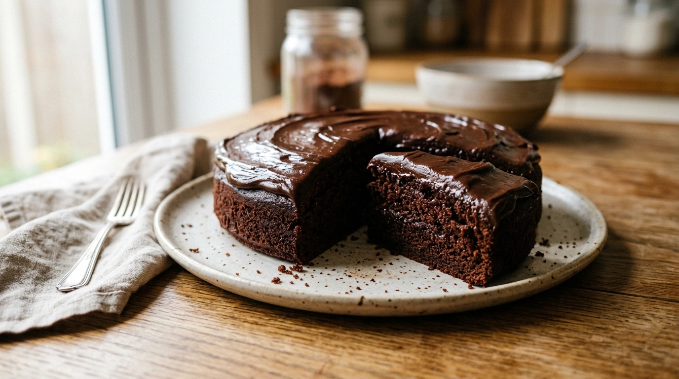 One bowl chocolate cake with rich frosting and soft moist texture on a plate