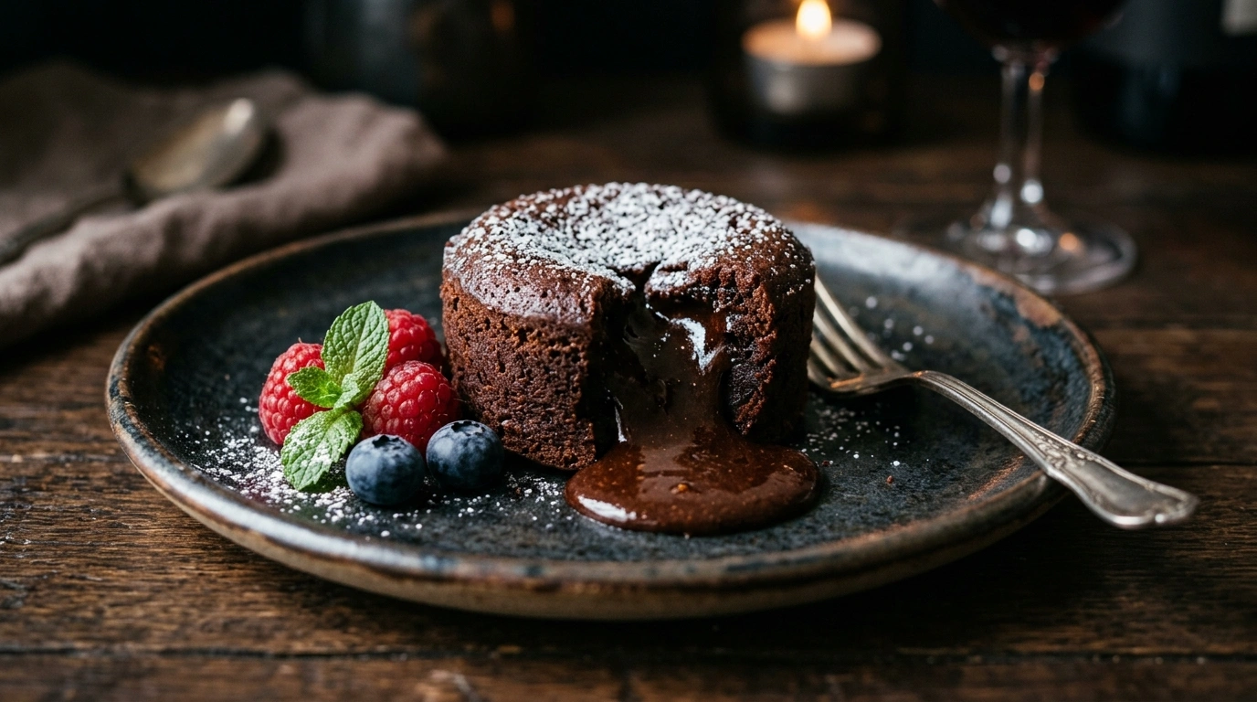 Chocolate lava cake with molten center flowing onto a plate