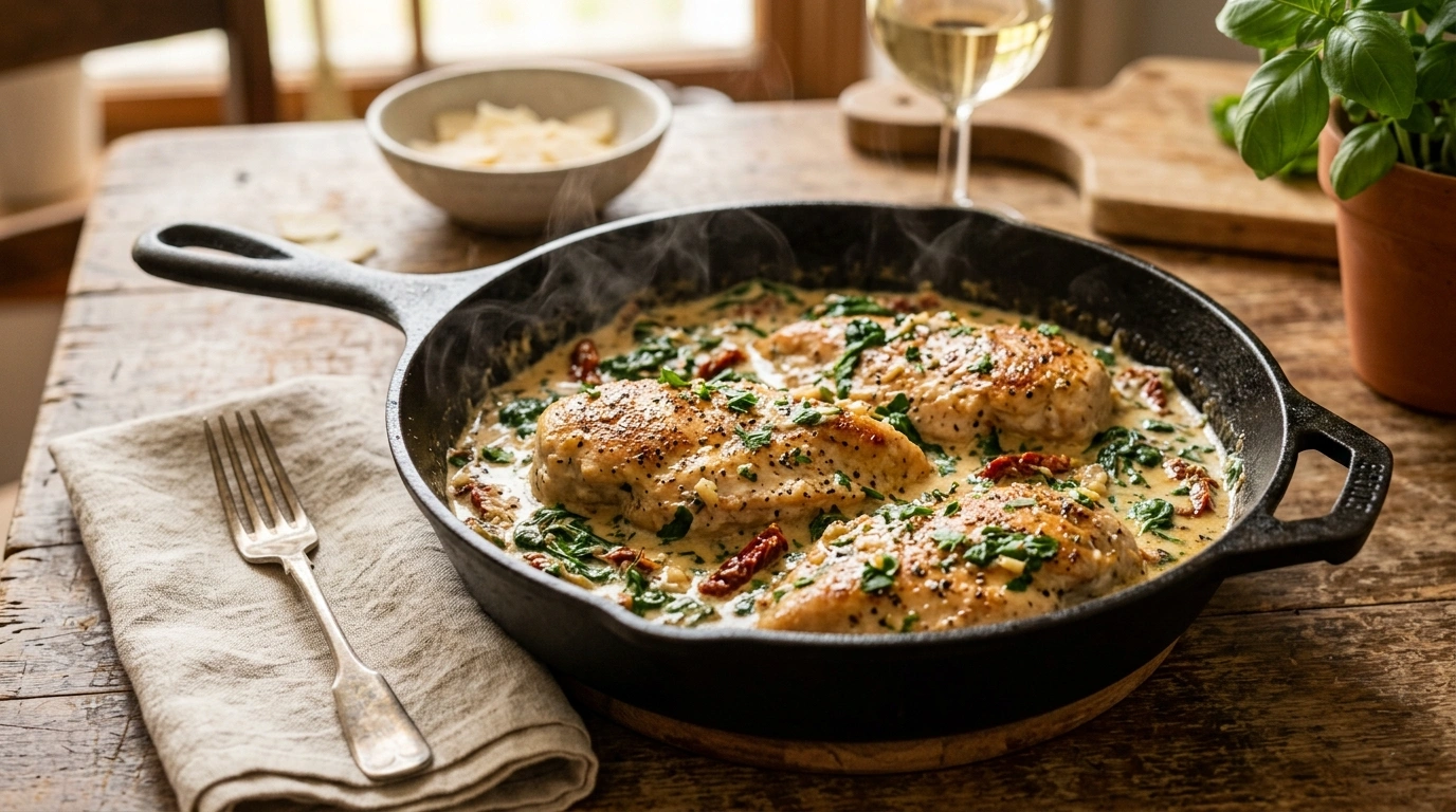 Creamy Tuscan chicken with sun-dried tomatoes and spinach in a skillet