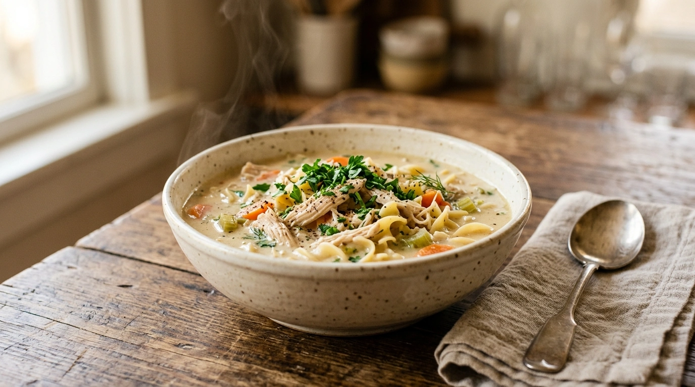 Creamy chicken noodle soup with tender chicken and noodles in a warm broth