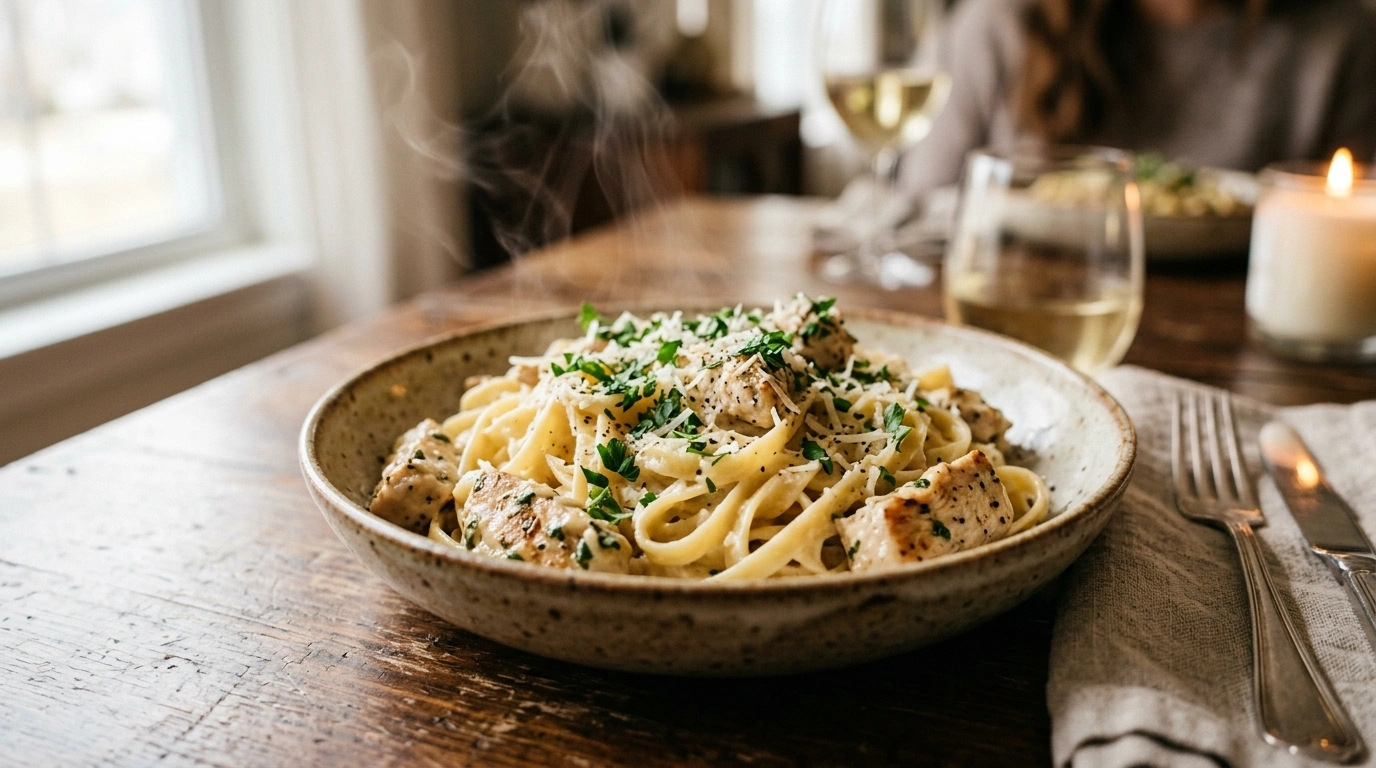 Creamy garlic chicken pasta with parmesan and herbs in a bowl