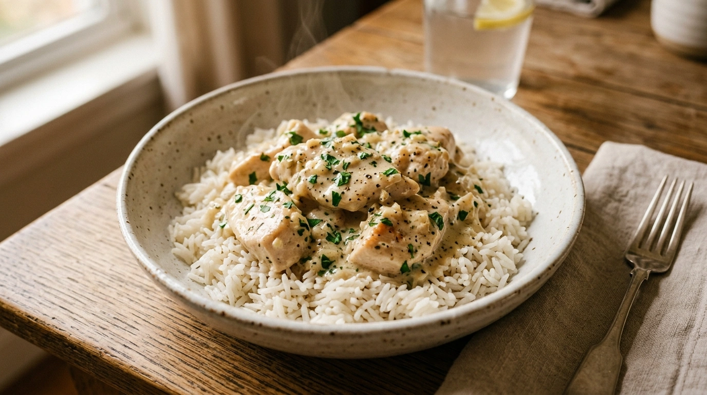 Creamy garlic chicken with rice and rich sauce served in a bowl