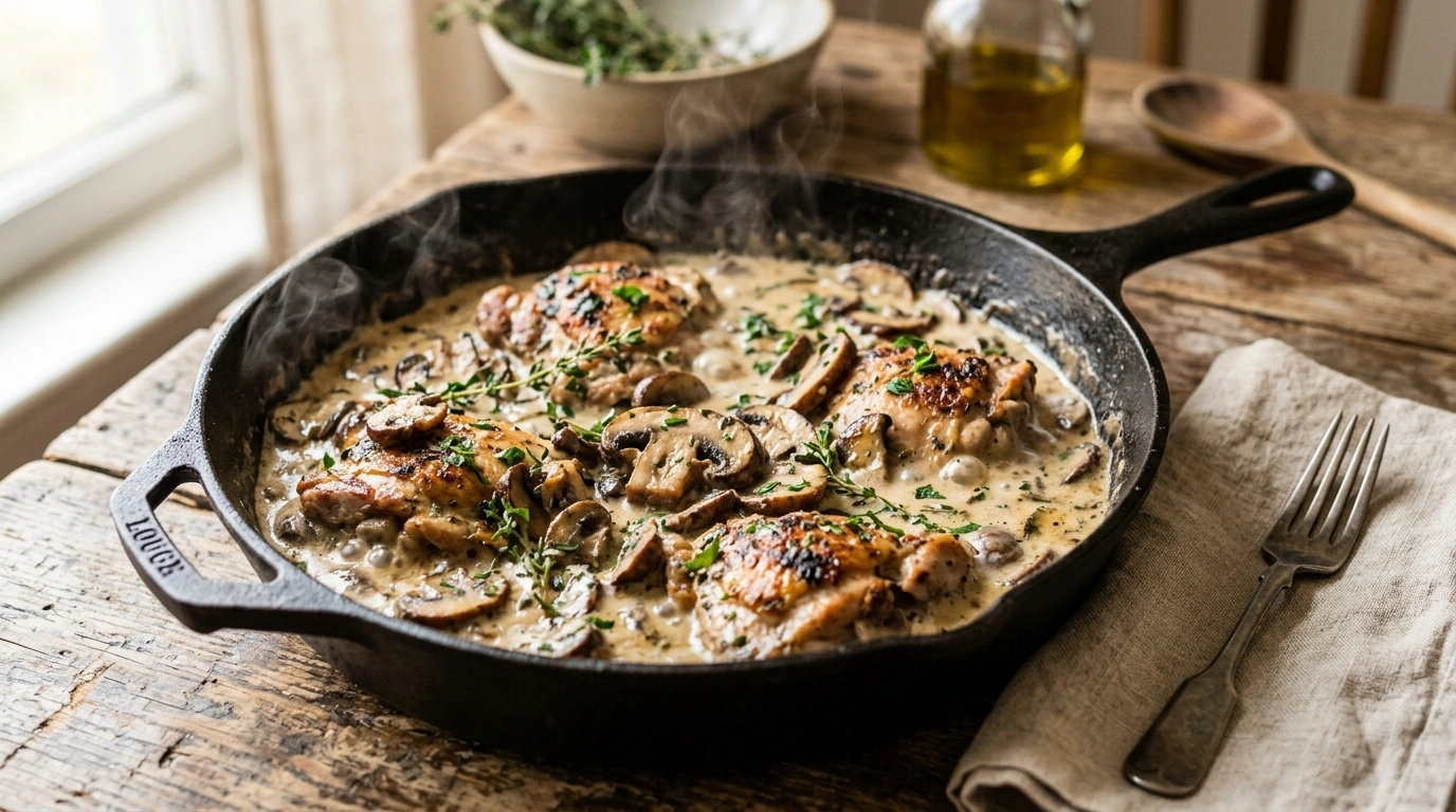 Creamy mushroom chicken skillet with tender chicken and rich sauce in a pan