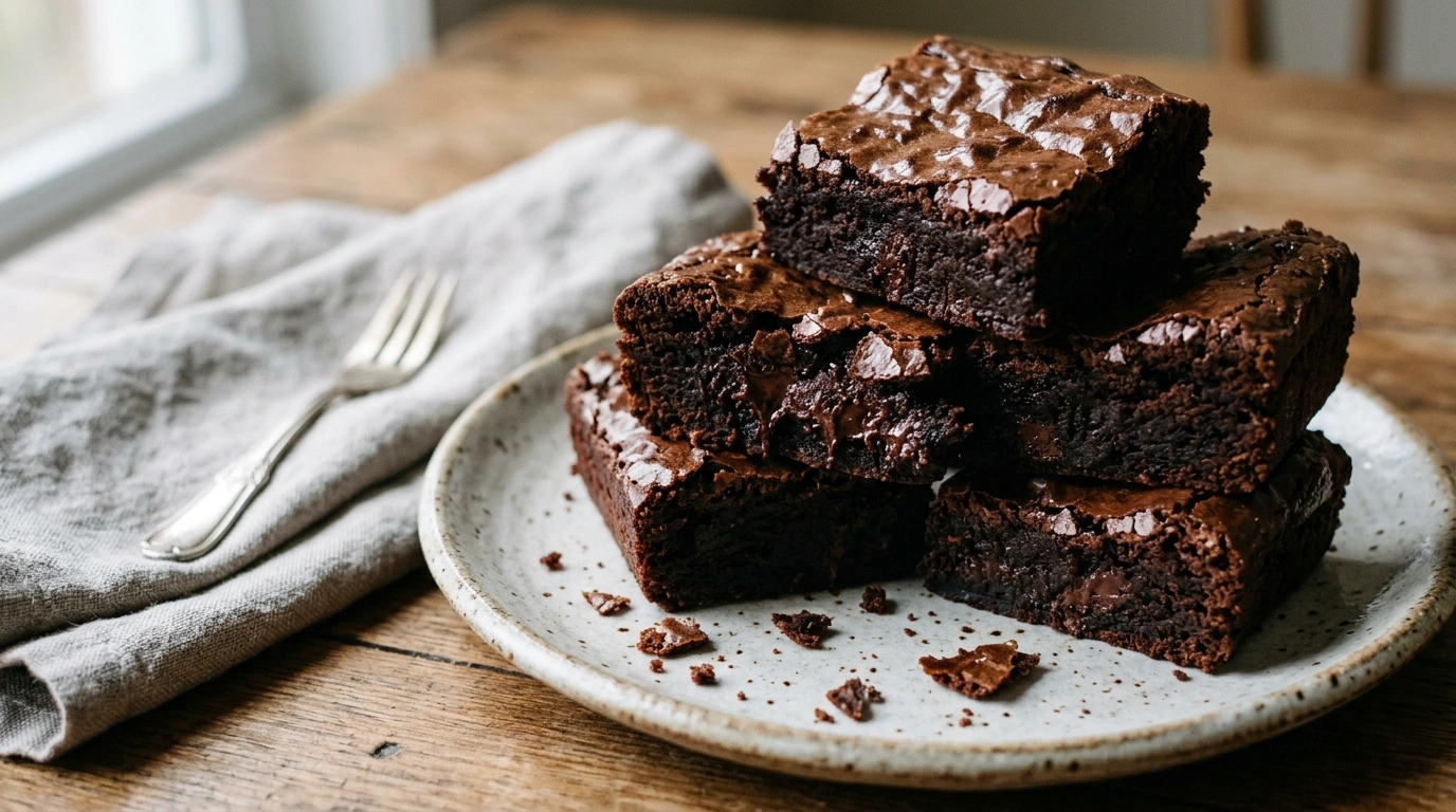 Fudgy brownies from scratch with crackly top and dense chocolate texture stacked on a plate